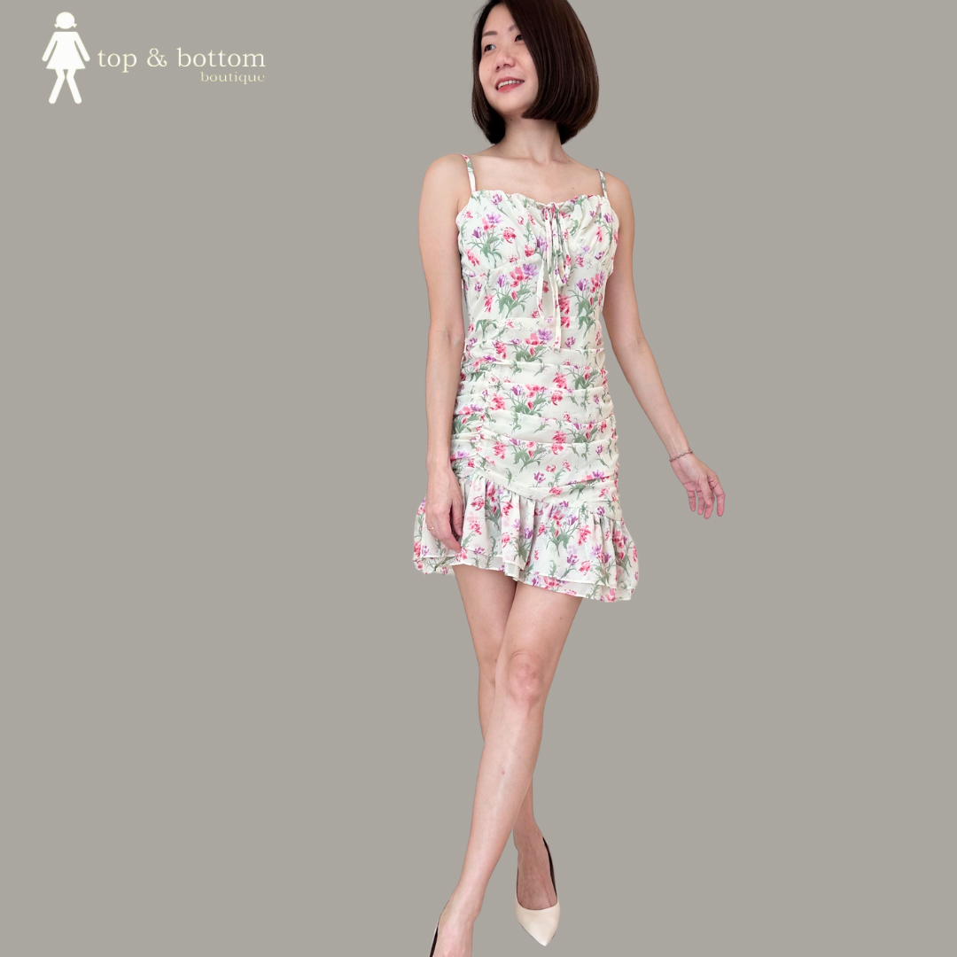 STRAP FLORAL CHIFFON SHORT DRESS