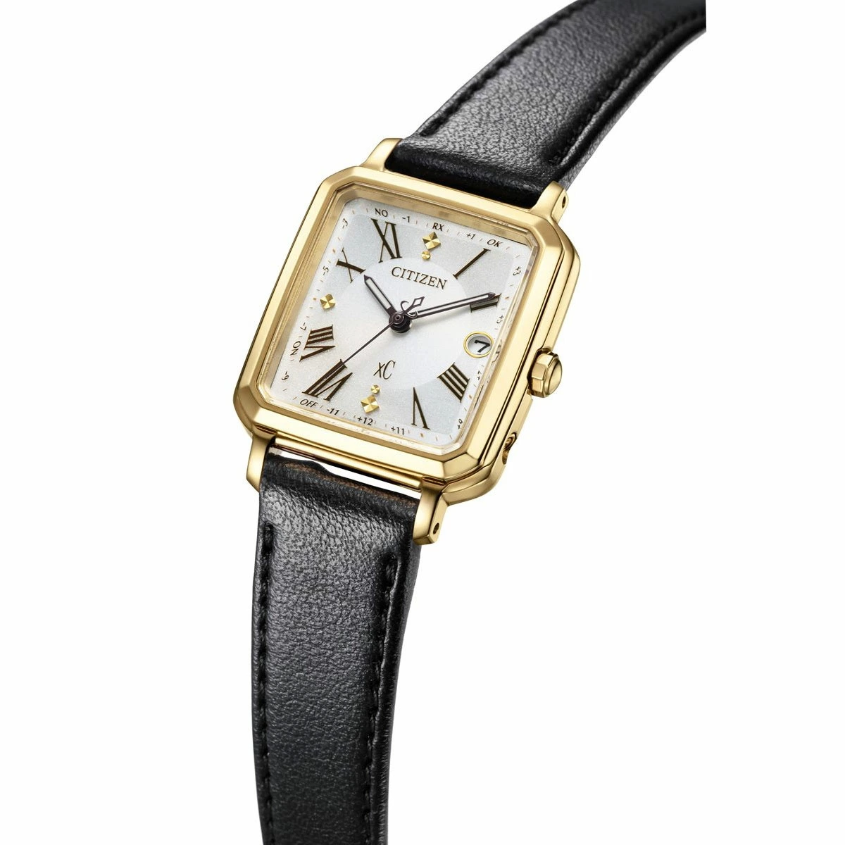 萬年鐘錶 - Citizen 星辰錶  XC   方型金色外框鈦金屬光動能電波皮革款女錶  ES9502-12A 錶徑25MM
