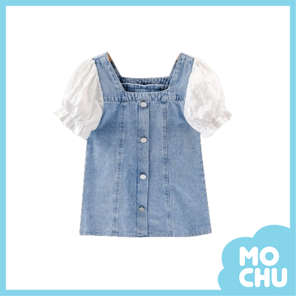 花苞袖拼接牛仔連身裙