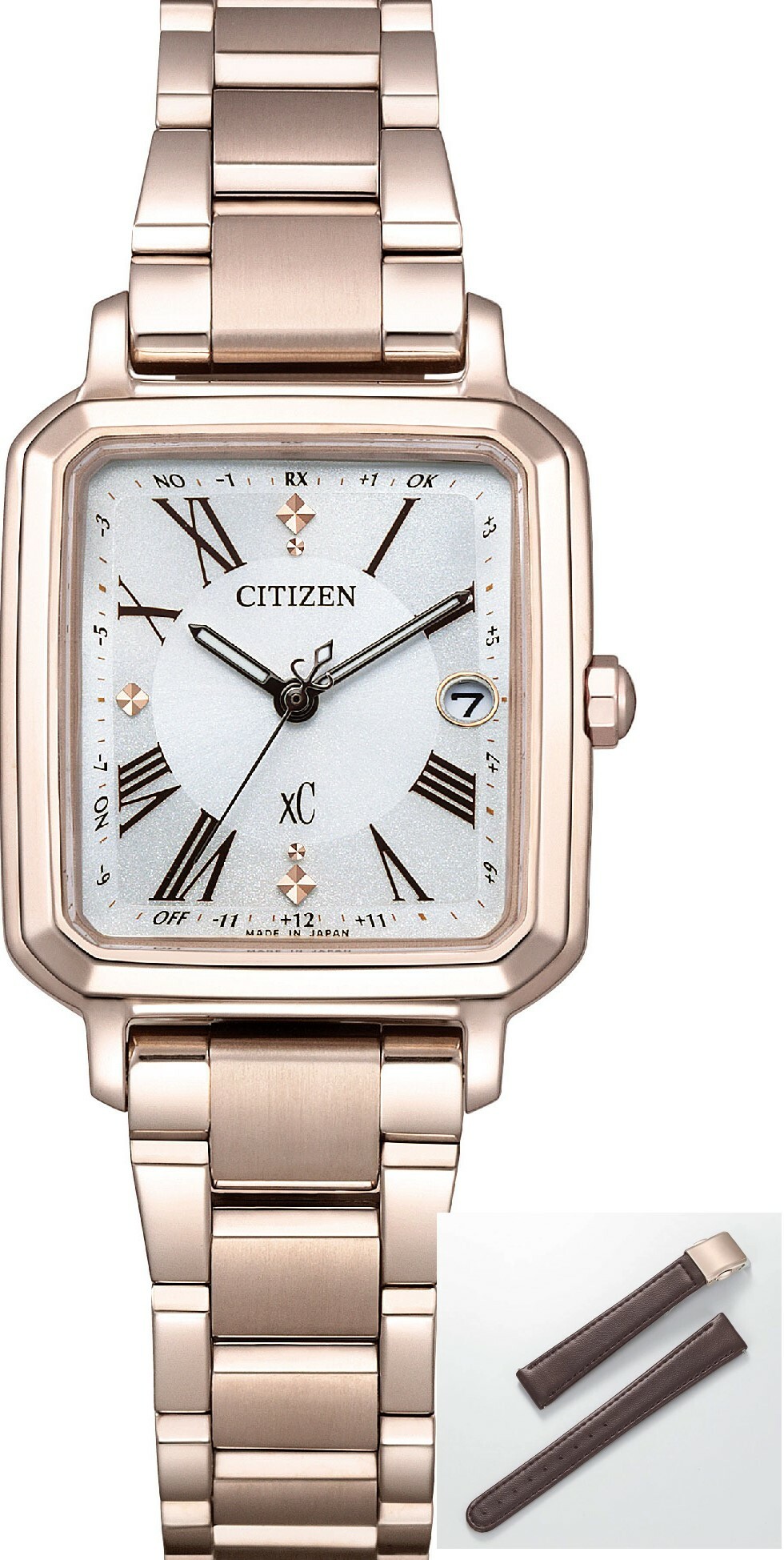 萬年鐘錶 - Citizen 星辰錶  XC   限量方型玫瑰金鈦金屬附皮革錶戴套組光動能電波女錶  ES9506-62A 錶徑25MM