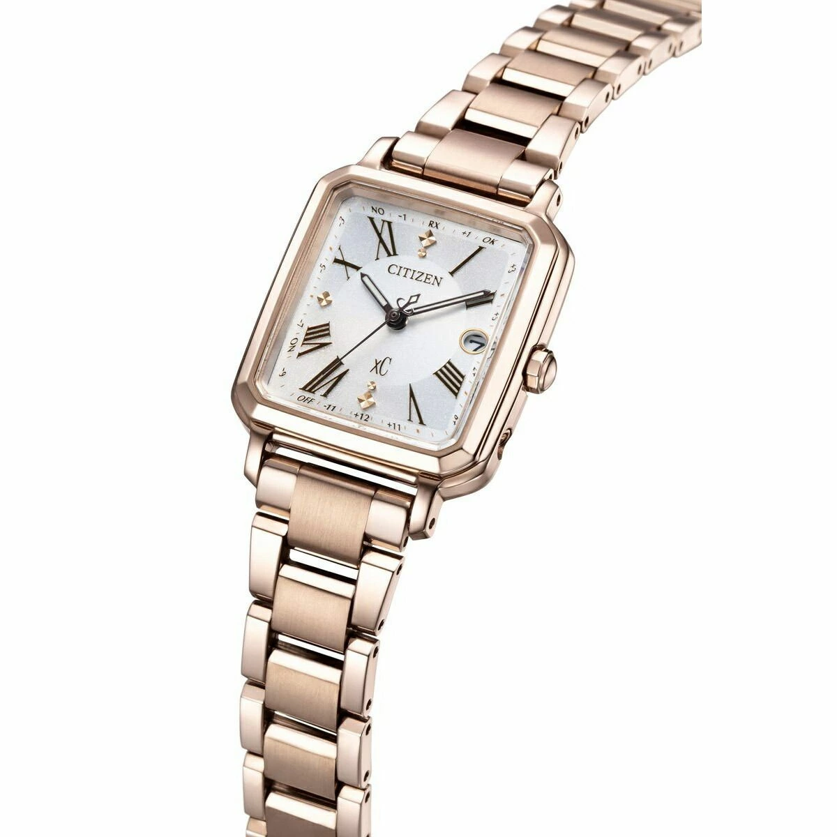 萬年鐘錶 - Citizen 星辰錶  XC   限量方型玫瑰金鈦金屬附皮革錶戴套組光動能電波女錶  ES9506-62A 錶徑25MM