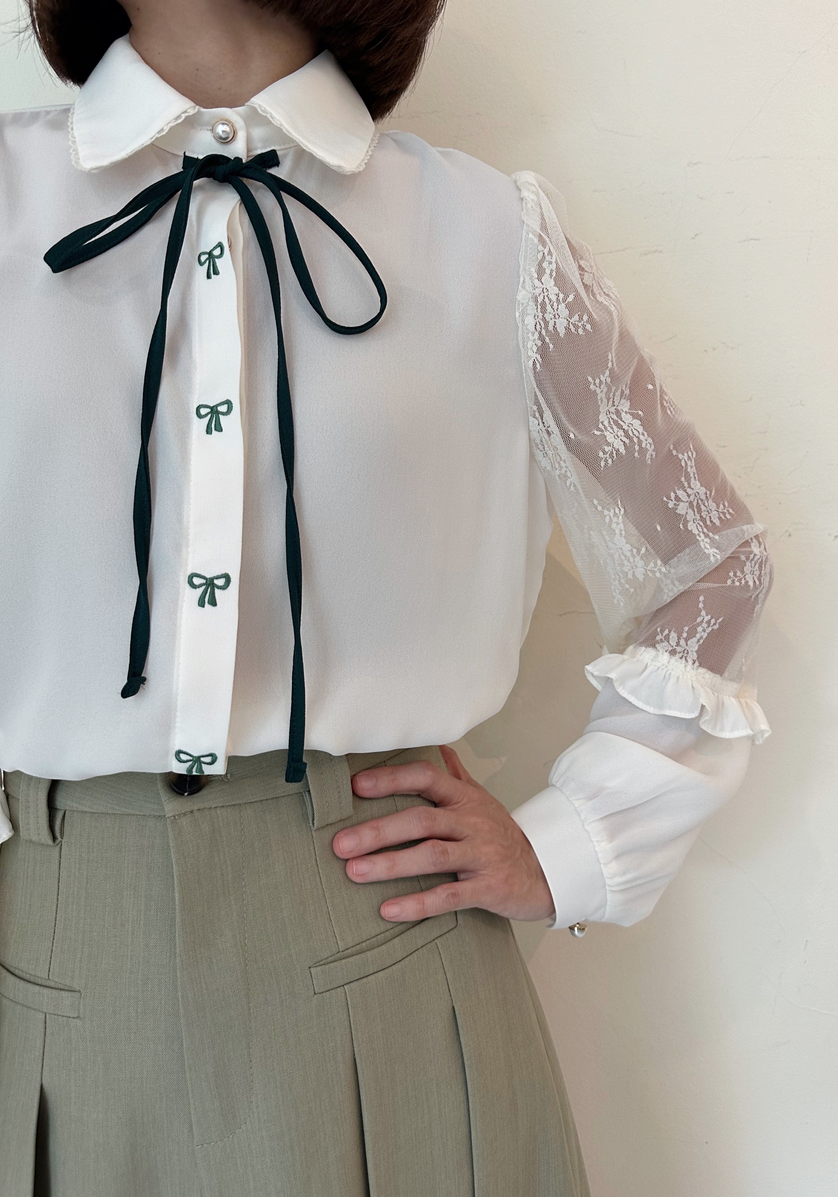 LACE SLEEVE RIBBON BOW CHIFFON BLOUSE