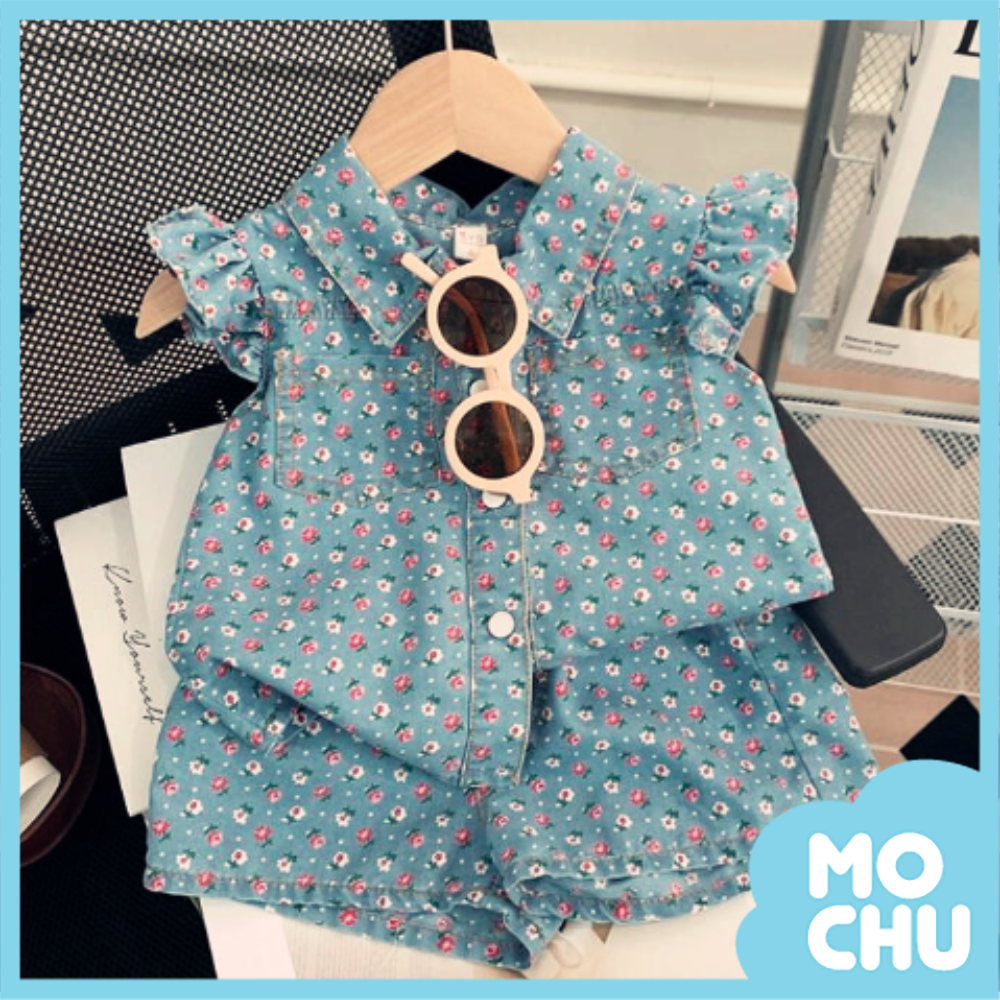 小碎花飛袖牛仔襯衫套裝