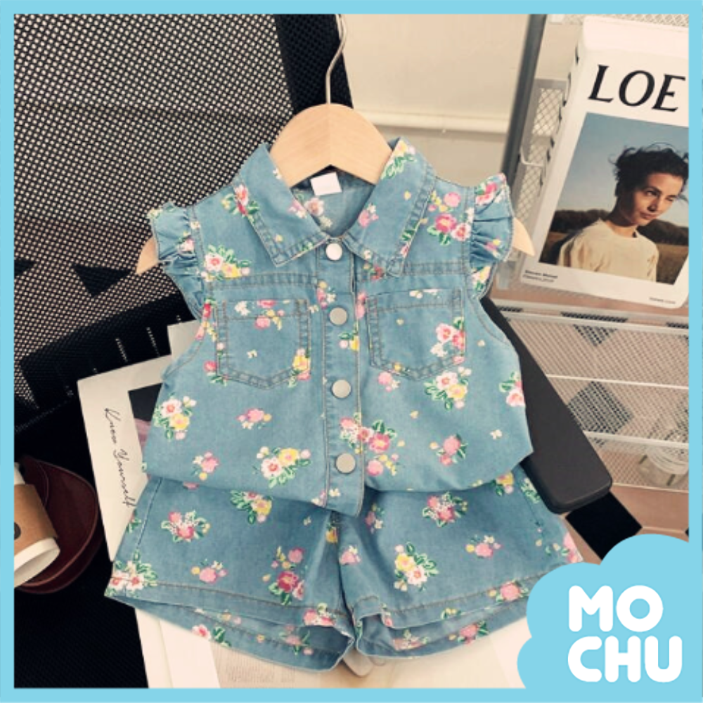 繽紛彩花飛袖牛仔襯衫套裝