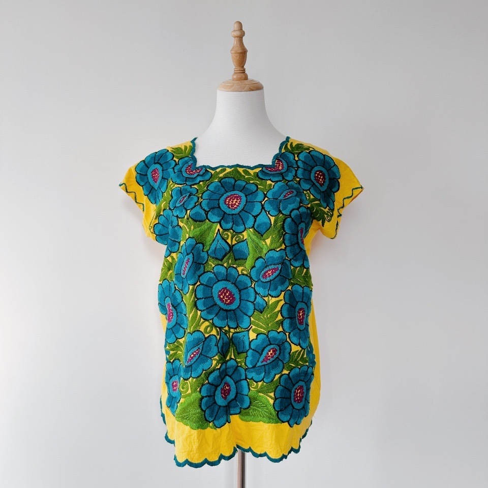 孔雀藍綠刺繡大花墨西哥上衣