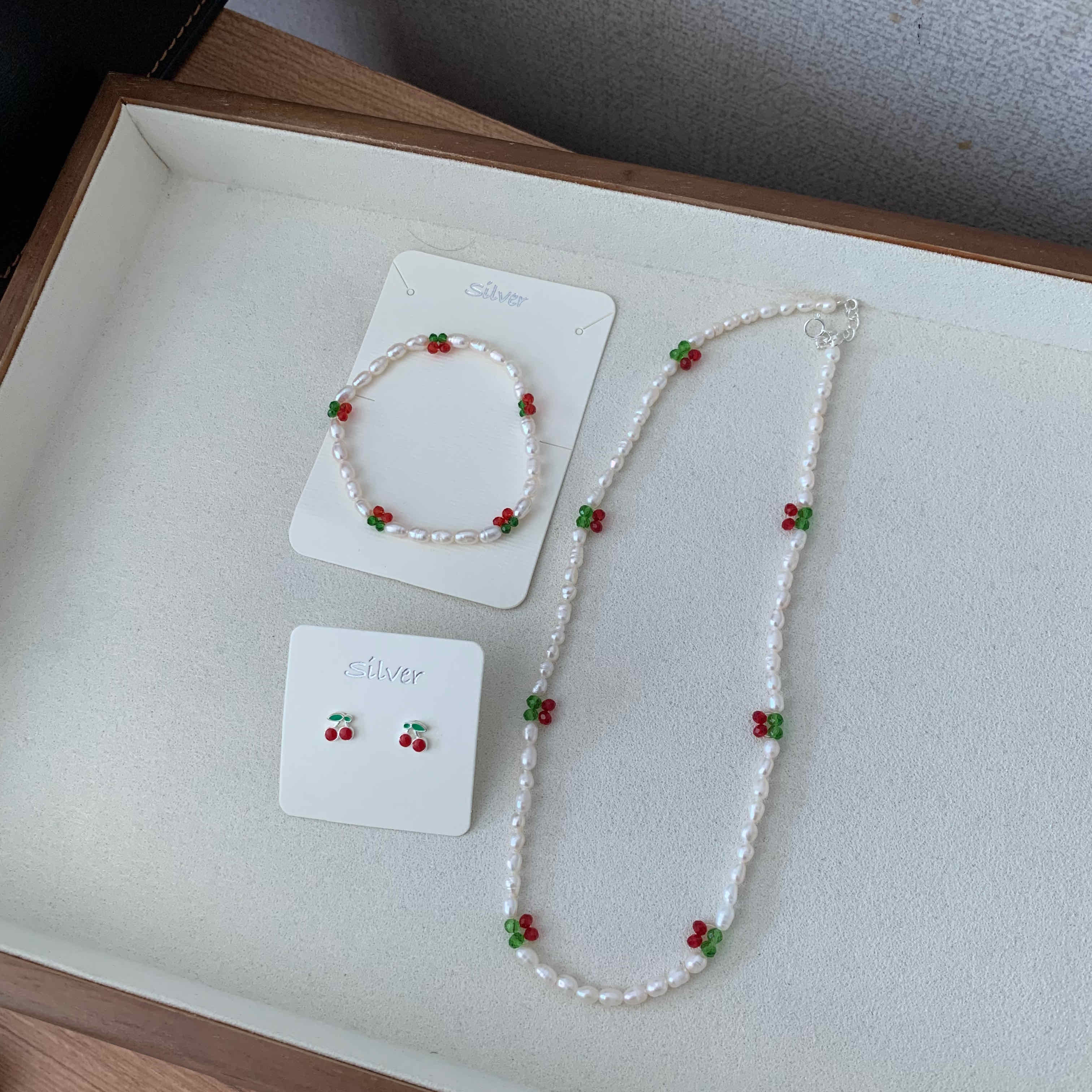 🇰🇷925 silver 淡水珍珠櫻桃項鍊／手鍊／耳環🍒