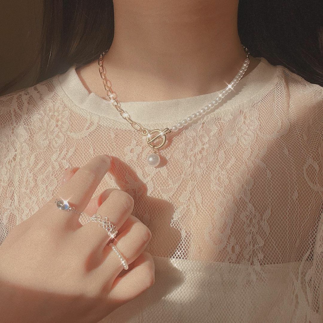 金色金屬鍊拼接珍珠OT扣項鍊