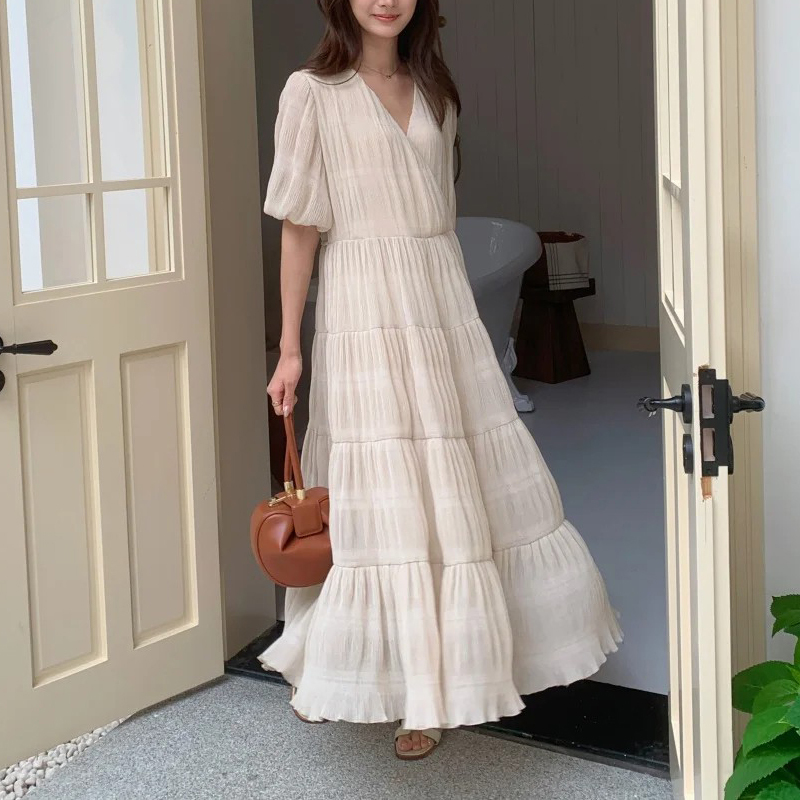 溫柔奶油白皺皺織紋層次蛋糕裙V領長洋裝 (Elegant & Love)