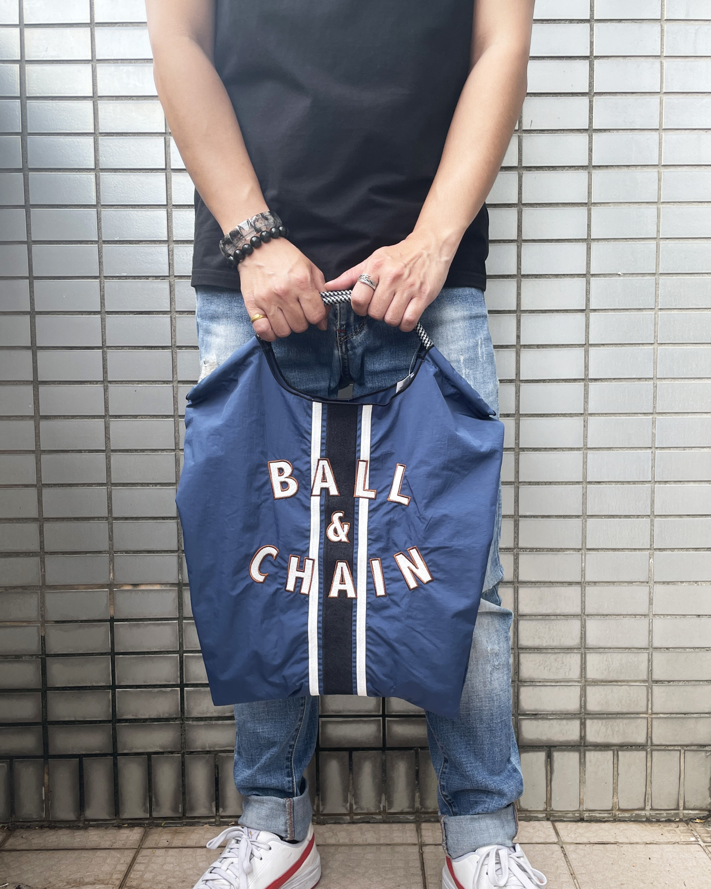 Ball＆Chain 刺繡環保購物袋 M號 - 藍 (30103732)