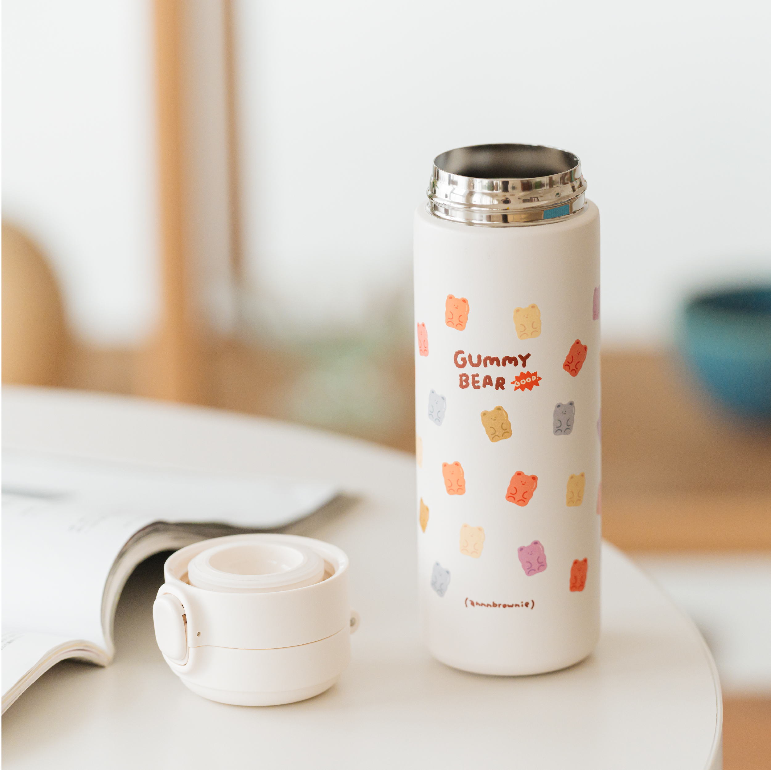 【慢慢挑 x annnbrownie布朗尼｜保溫杯】彈蓋可鎖極輕450ml保溫杯｜Ａ.軟糖熊（不鏽鋼無塗層）