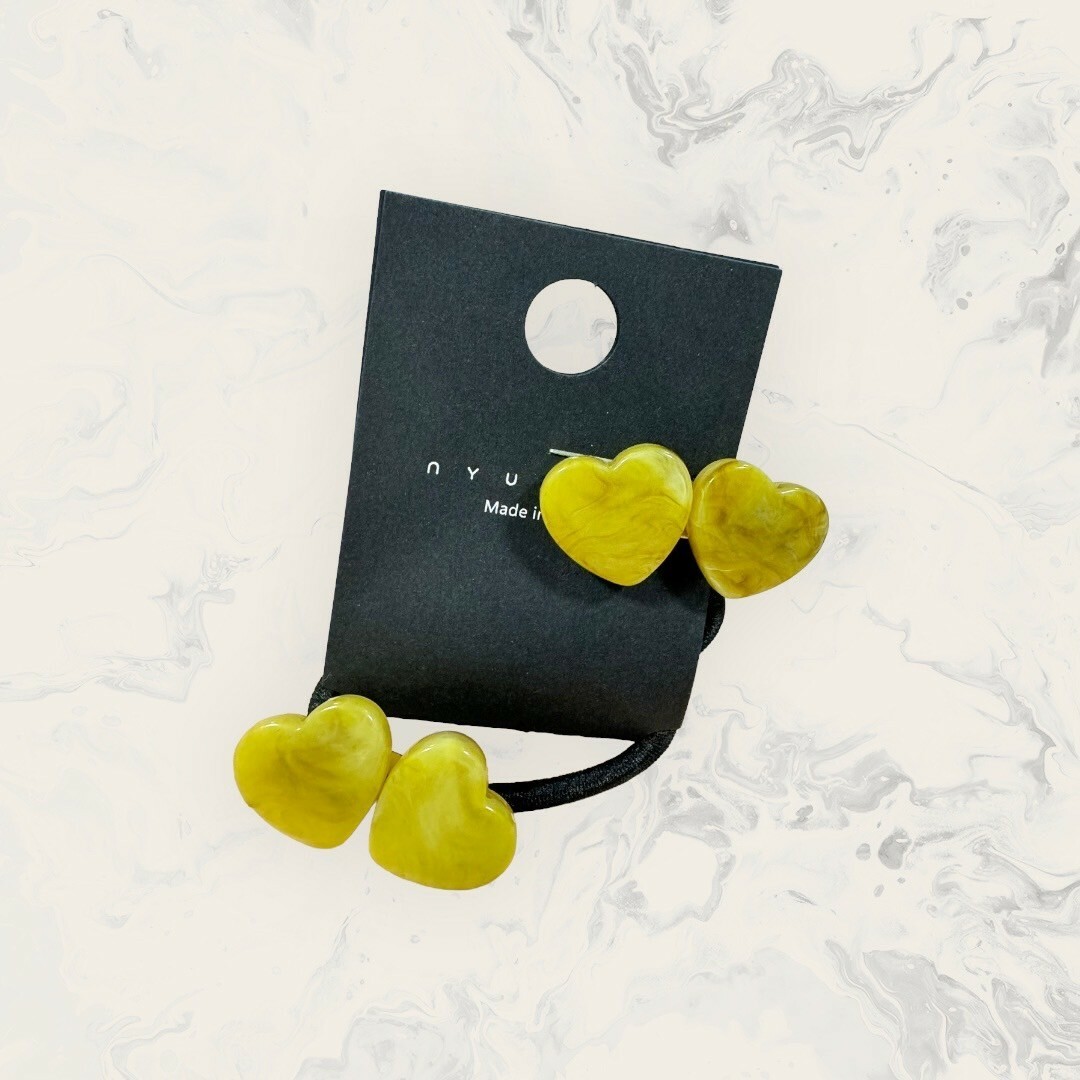 韓國直送髮飾 石紋純色雙愛心髮夾+髮圈 二件組