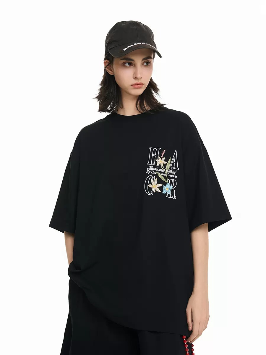Harsh and Cruel 24SS 美式高街刺繡花卉圓領短 T HL242020198