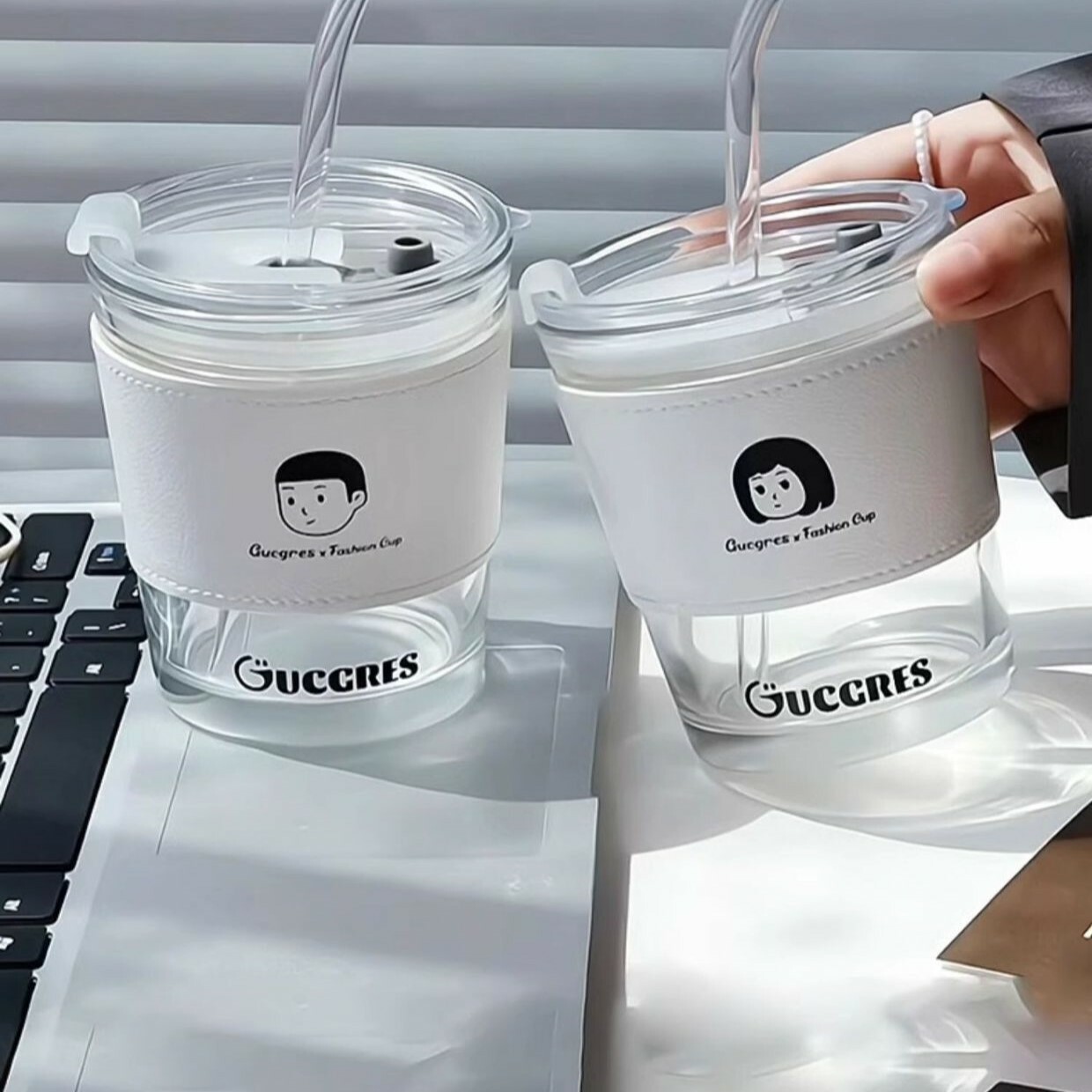 《4367》文青男孩女孩情侶系列 玻璃吸管杯350ml/450ml