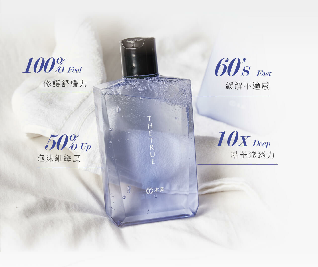 具有100%修護舒緩效果，60倍快速緩解不適，泡沫細緻度提升50%，10倍精華深層滲透
