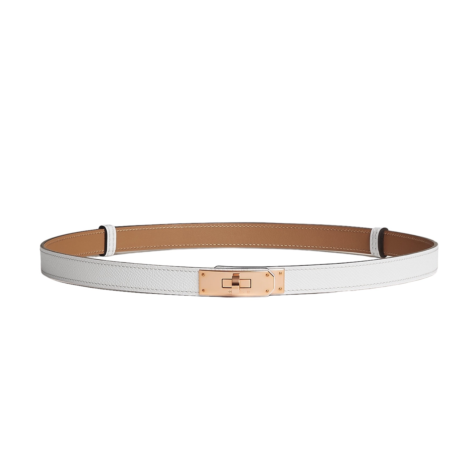全新HERMES皮帶 KELLY BELT 白色/金棕色玫瑰金扣 H069853CD 01 18mm Epsom皮 #BRAND NEW #香榭站正品