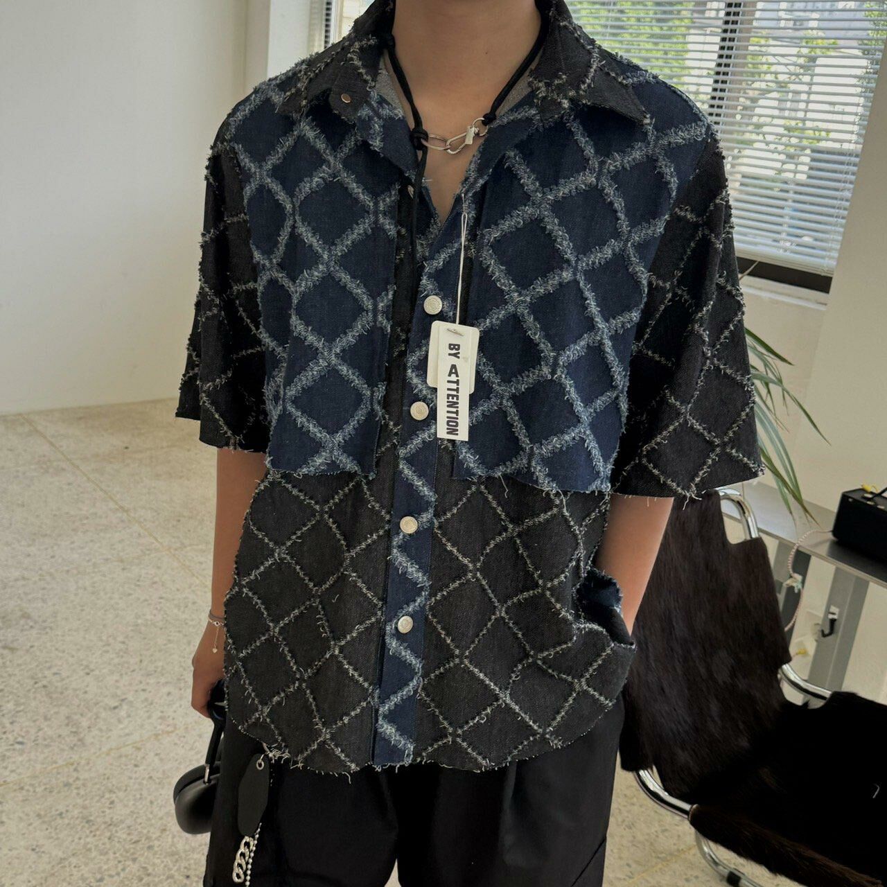 菱格短袖牛仔恤衫 BY ATTENTION-209S