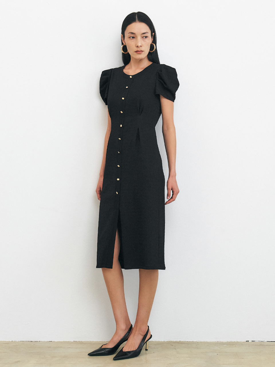 金屬扣澎袖洋裝