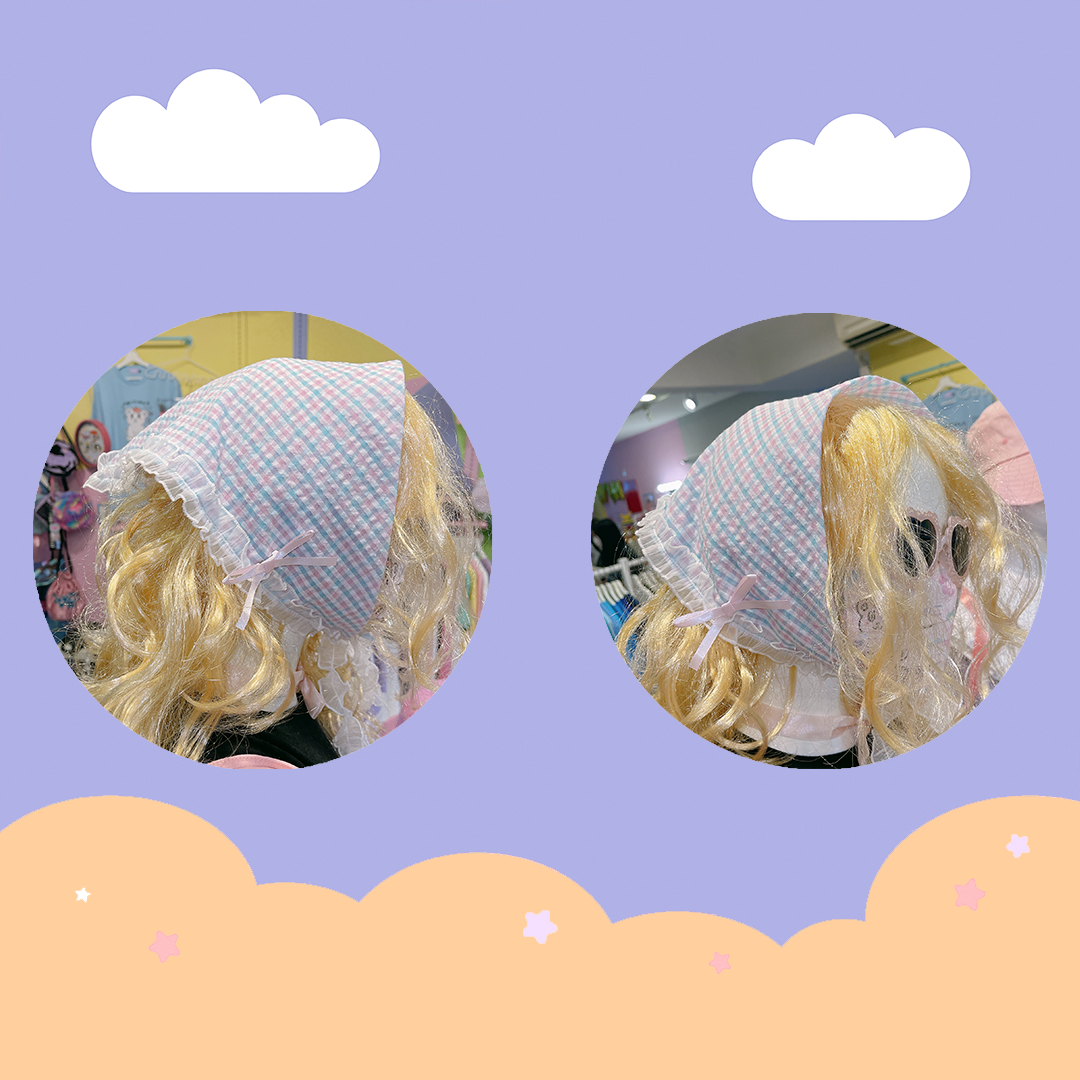 こ♡こ 藍粉格紋蝴蝶結皺蕾絲三角頭巾