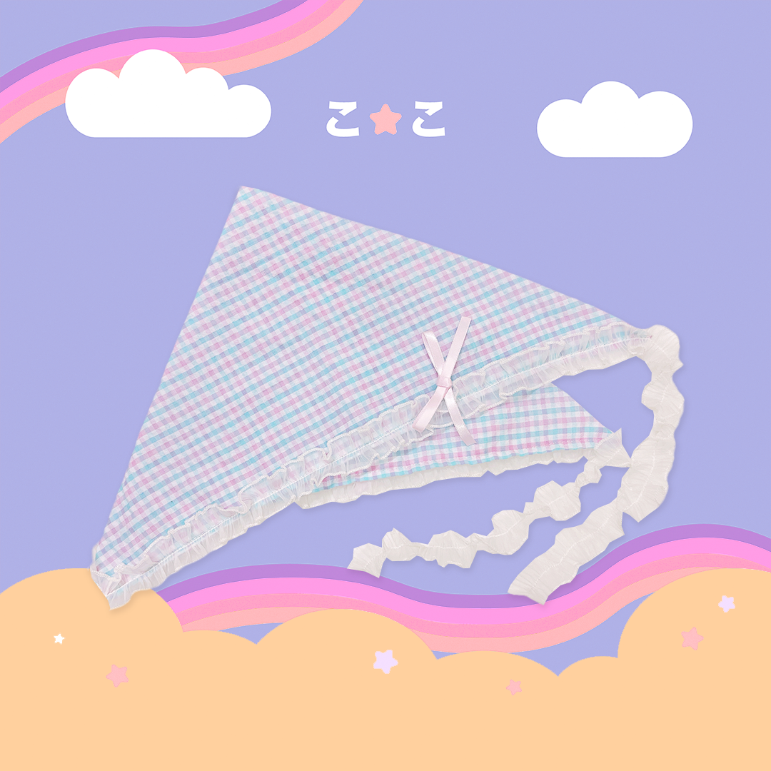 こ♡こ 藍粉格紋蝴蝶結皺蕾絲三角頭巾