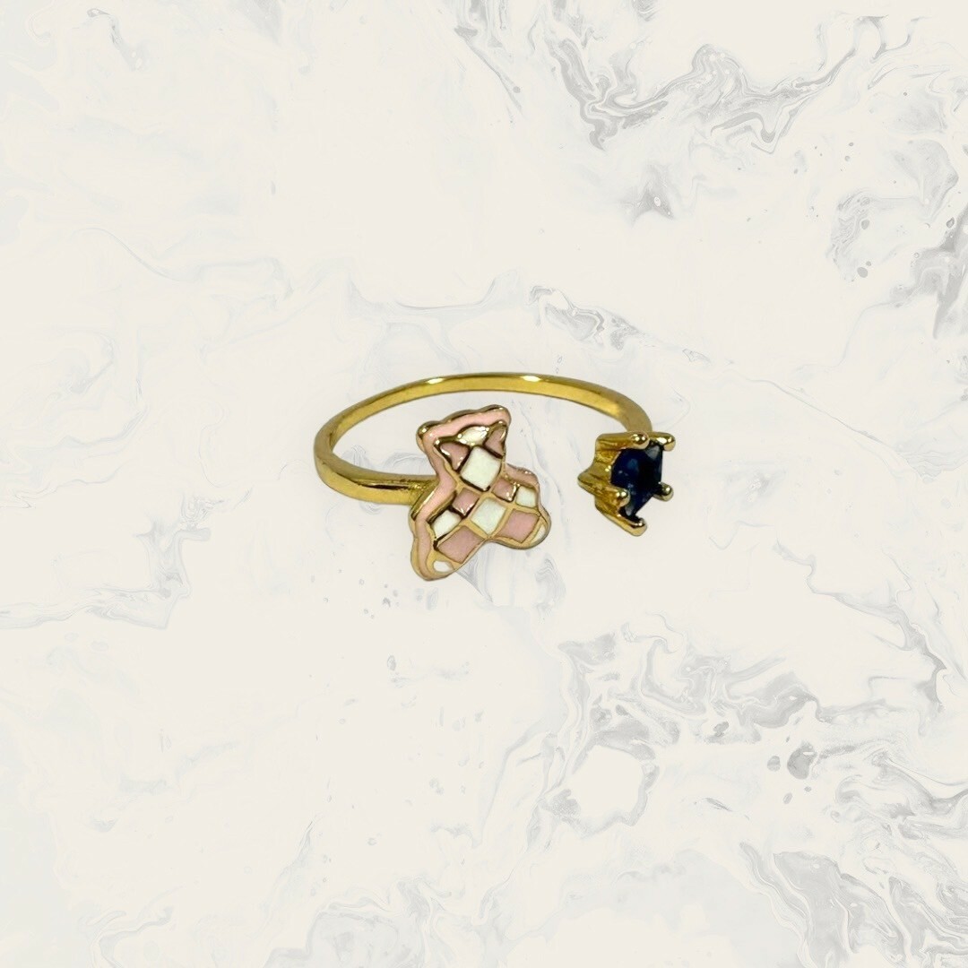 韓國直送戒指 可調式 銀線白粉格子熊熊+深藍星星鋯 鍍白金