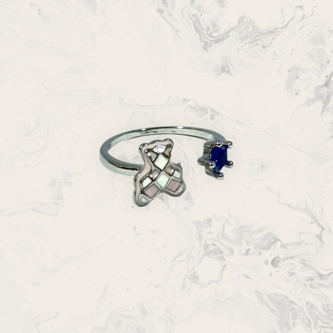 韓國直送戒指 可調式 銀線白粉格子熊熊+深藍星星鋯 鍍白金