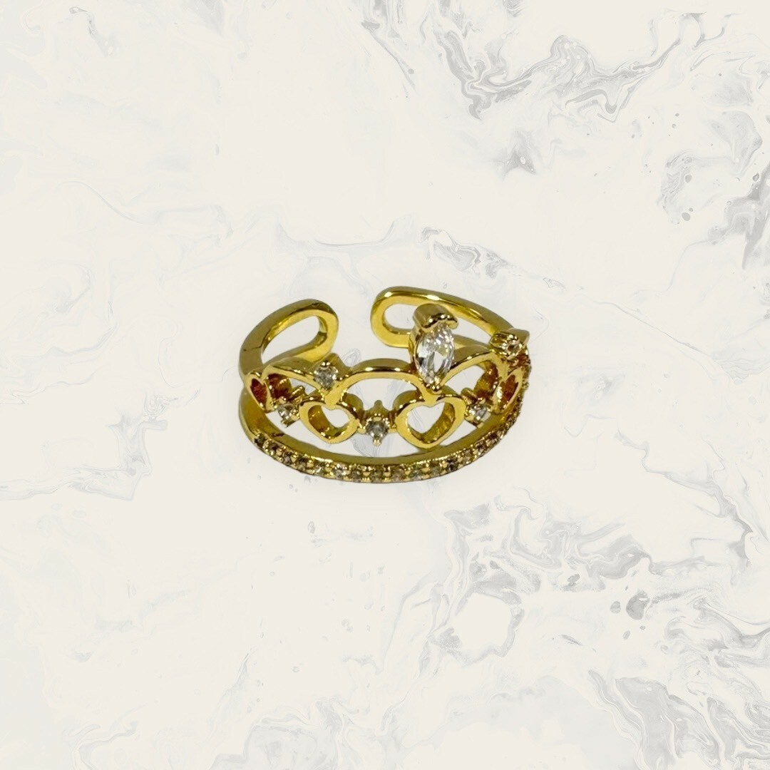 韓國直送戒指 可調式 雙層 上中水滴鋯簍空愛心框皇冠 下線鋯 鍍14K