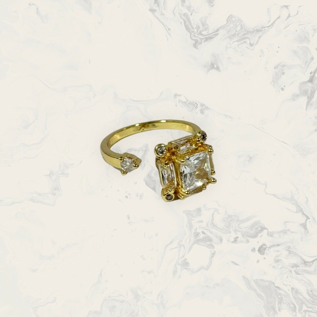 韓國直送戒指 可調式 旋轉直鋯框中大方鋯+小鋯 鍍白金