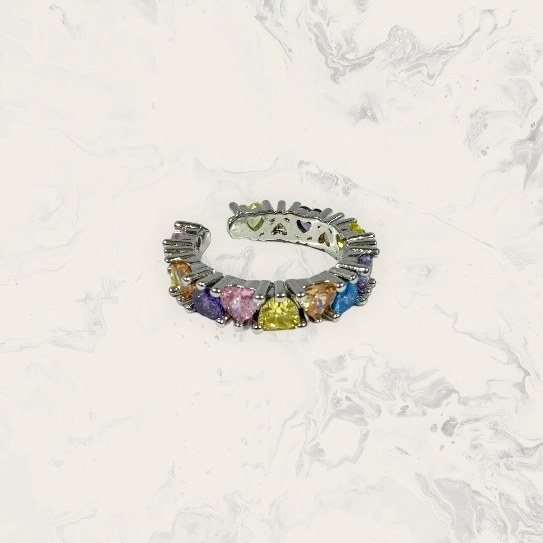 韓國直送戒指 可調式 排列多彩愛心鋯 粉+黃+淡橘+子+藍 銅鍍14K