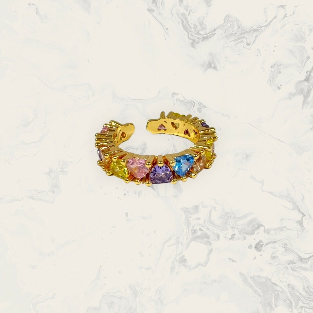 韓國直送戒指 可調式 排列多彩愛心鋯 粉+黃+淡橘+子+藍 銅鍍14K