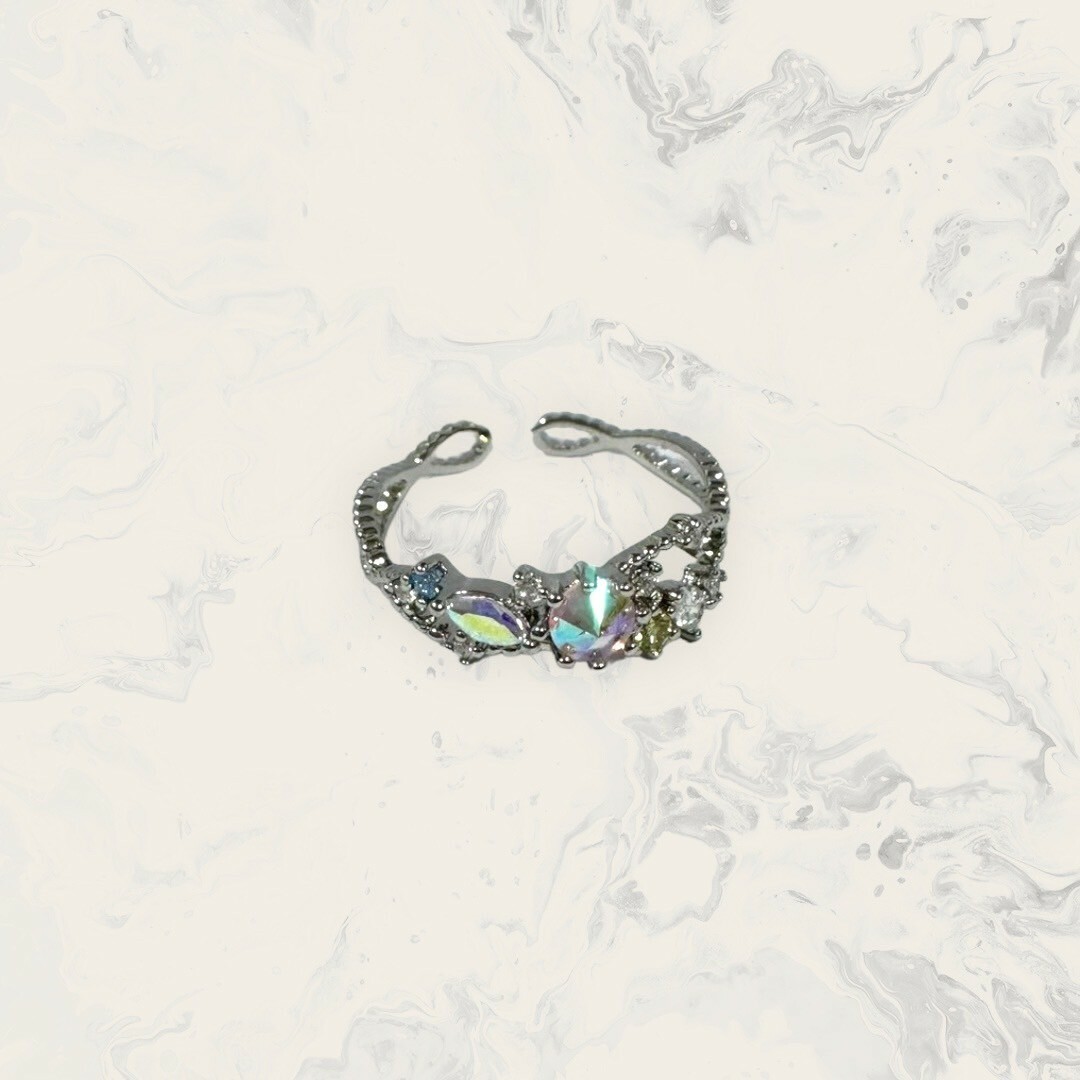 韓國直送戒指 可調式 中炫彩反鑲鋯+碎鋯交叉雙線圈  鍍白金