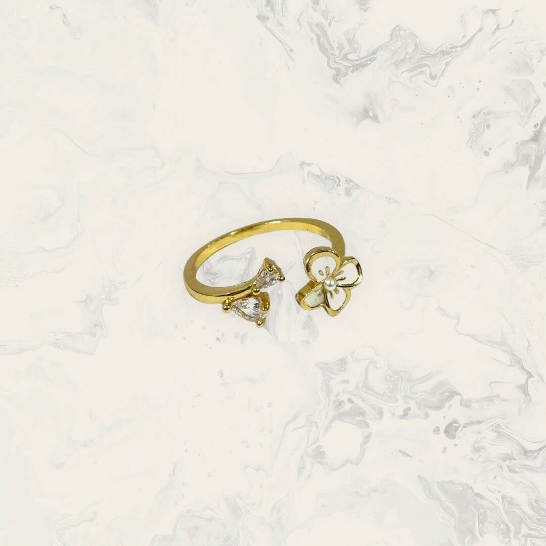 韓國直送戒指 可調式 中珍珠金框白花+水滴鋯 鍍白金