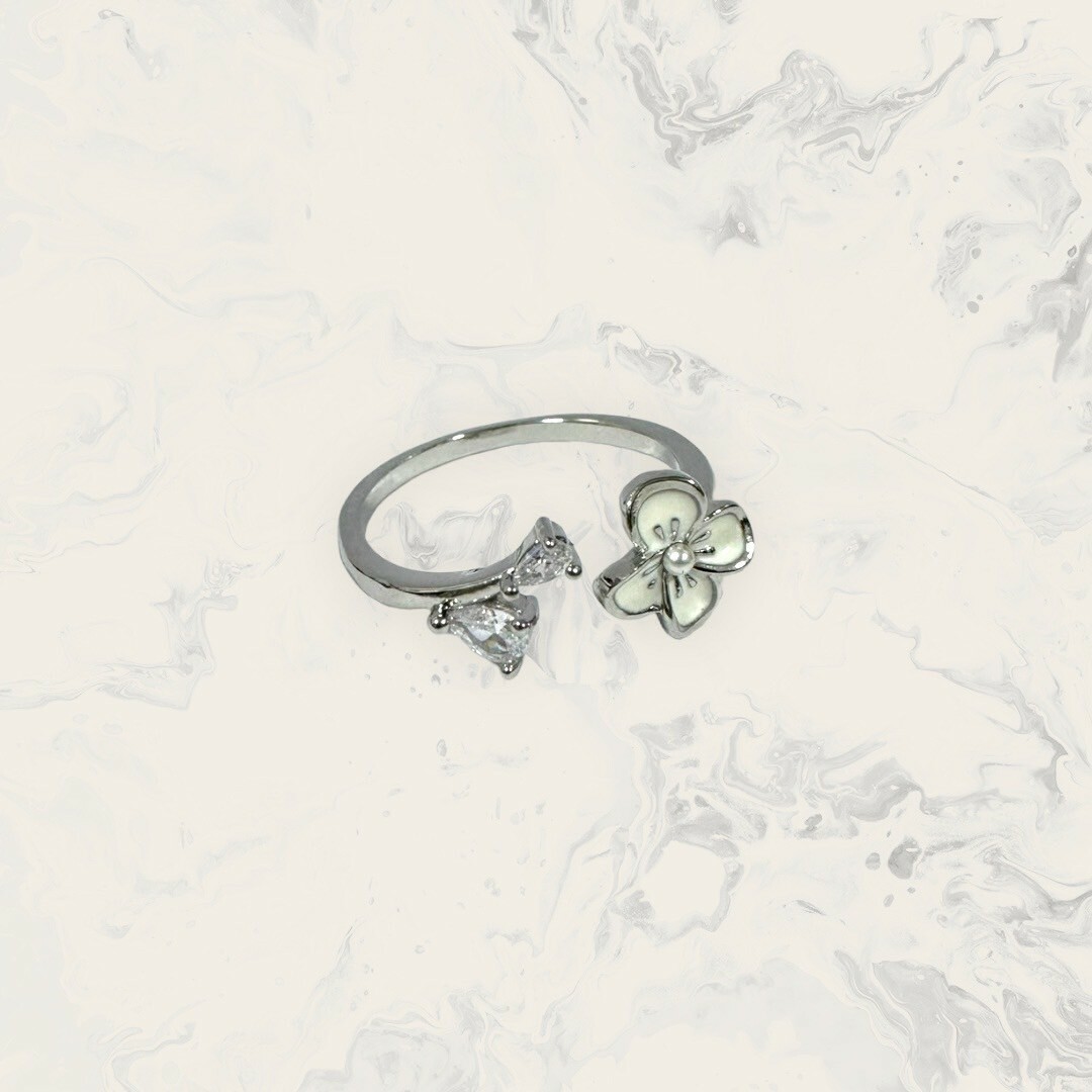 韓國直送戒指 可調式 中珍珠金框白花+水滴鋯 鍍白金