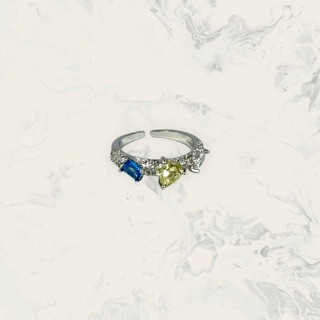 韓國直送戒指 可調式 粗碎鋯圈中淡黃愛心鋯+藍鋯+白鋯 銅鍍白金