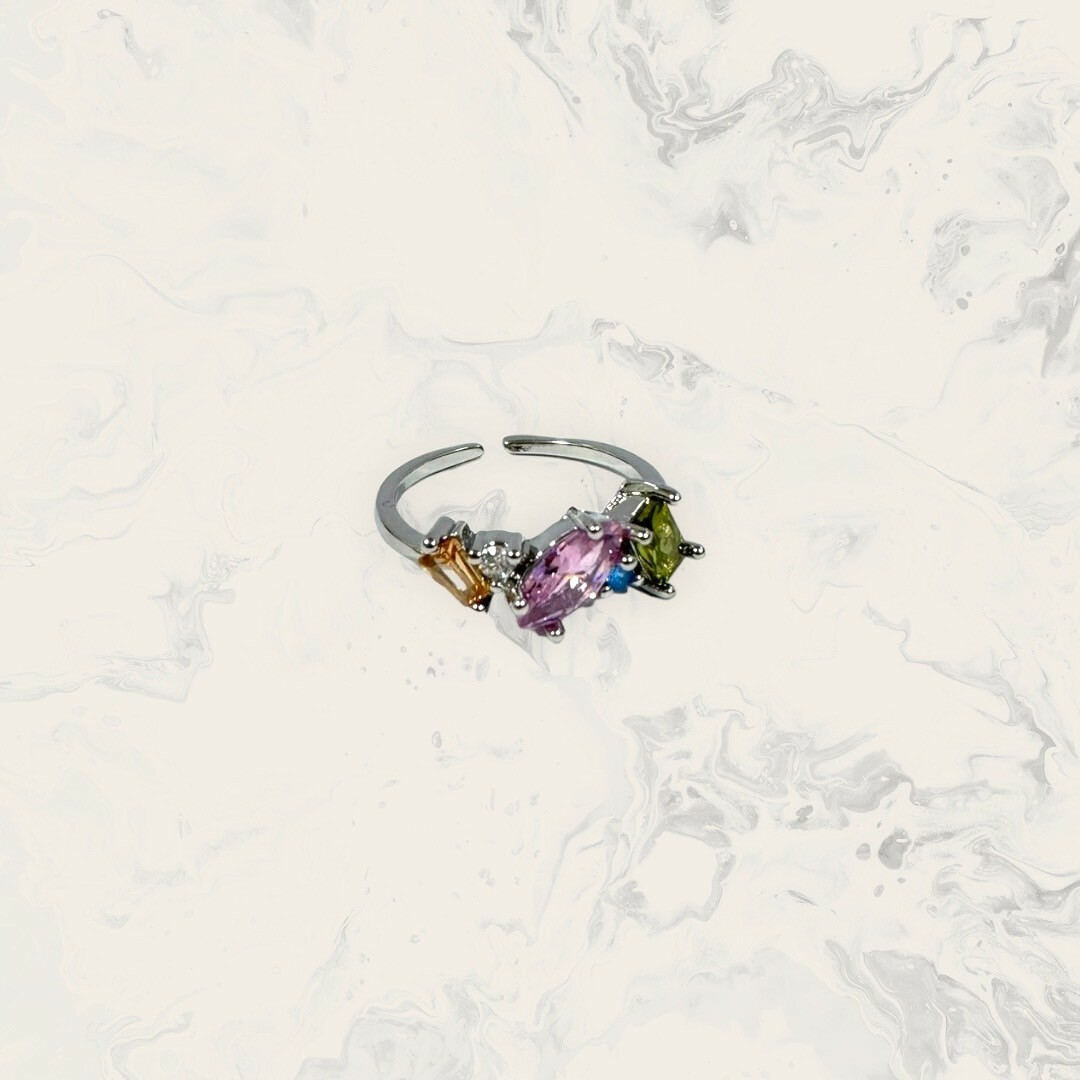 韓國直送戒指 可調式 淡橘梯鋯+粉葉形鋯+碎鋯+綠直鋯 黃銅鍍白金