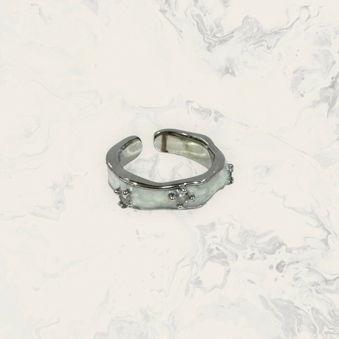 韓國直送戒指 可調式 寬版波浪白面中三白鋯