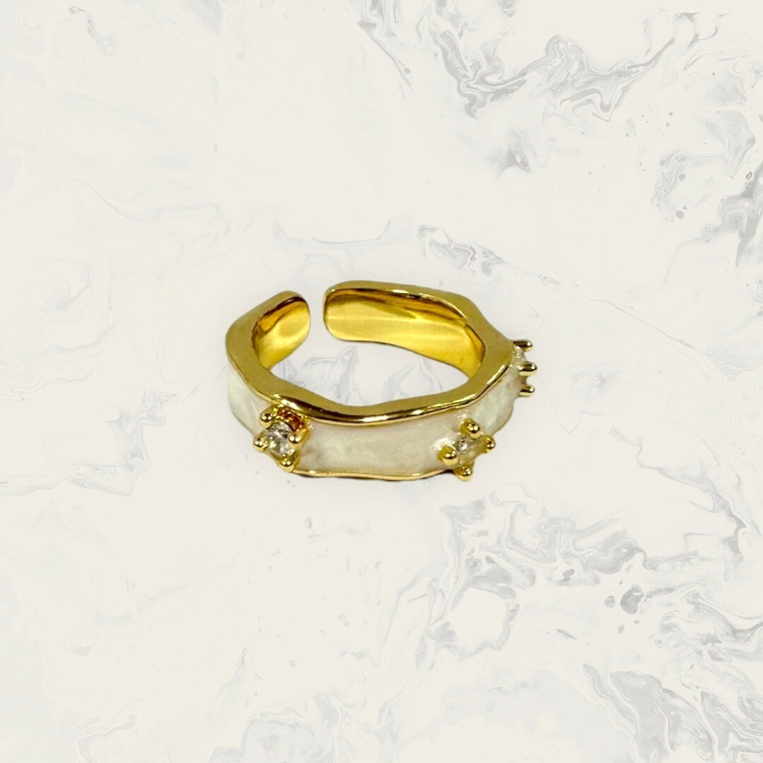 韓國直送戒指 可調式 寬版波浪白面中三白鋯