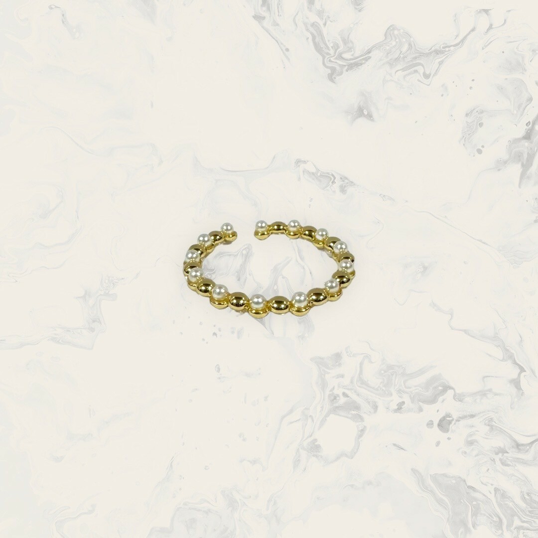 韓國直送戒指 可調式 上下排列半圓+小珍珠 鍍14K