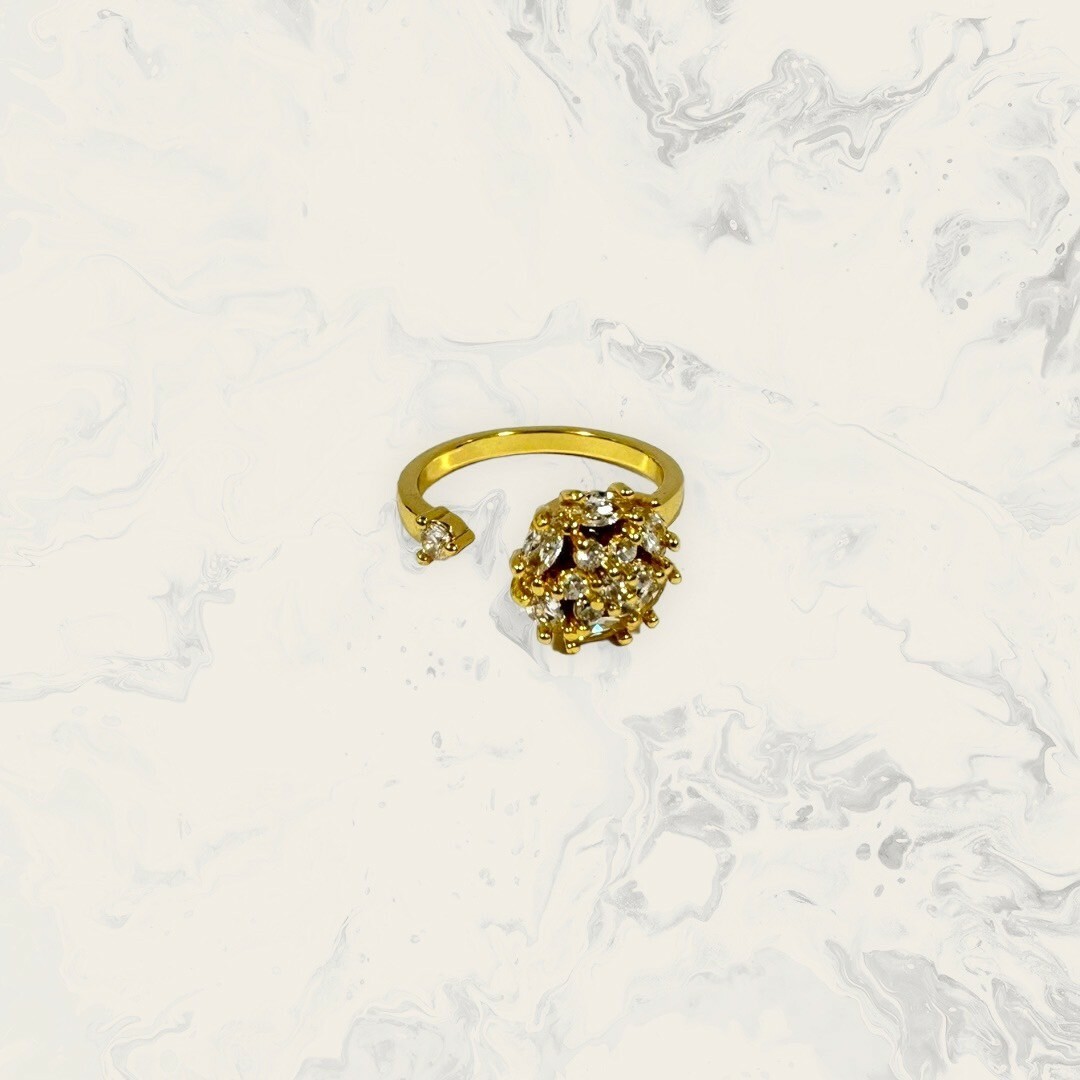 韓國直送戒指 可調式 旋轉葉形框中六鋯花花+小鋯 鍍白金