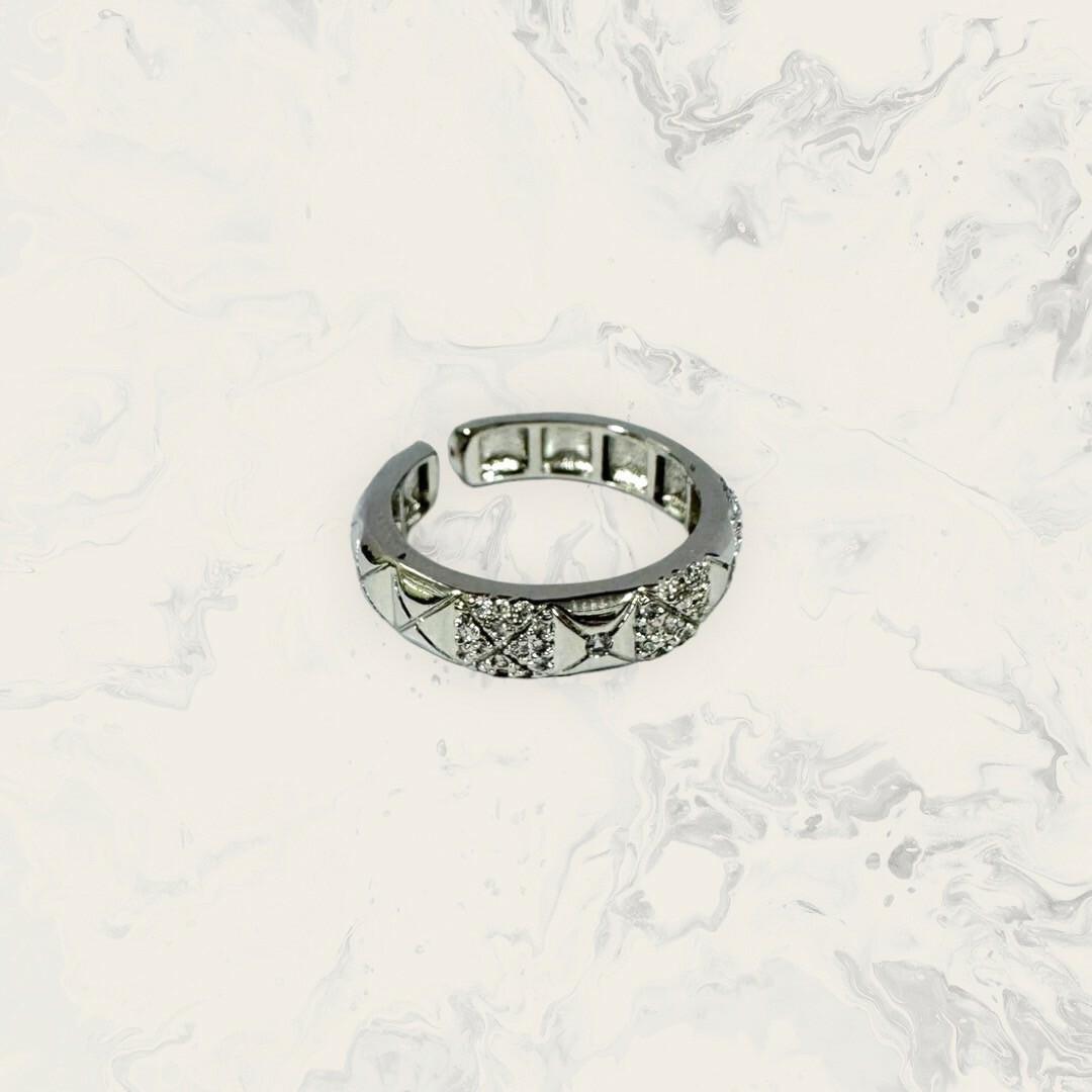 韓國直送戒指 可調式 交錯排列滿鋯+素面X交叉紋方格 鍍白金