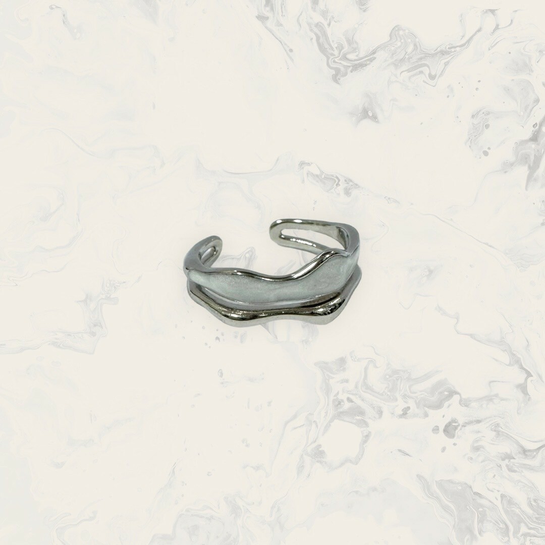 韓國直送戒指 可調式 雙層 暈染紋白面波浪粗圈+波浪圈