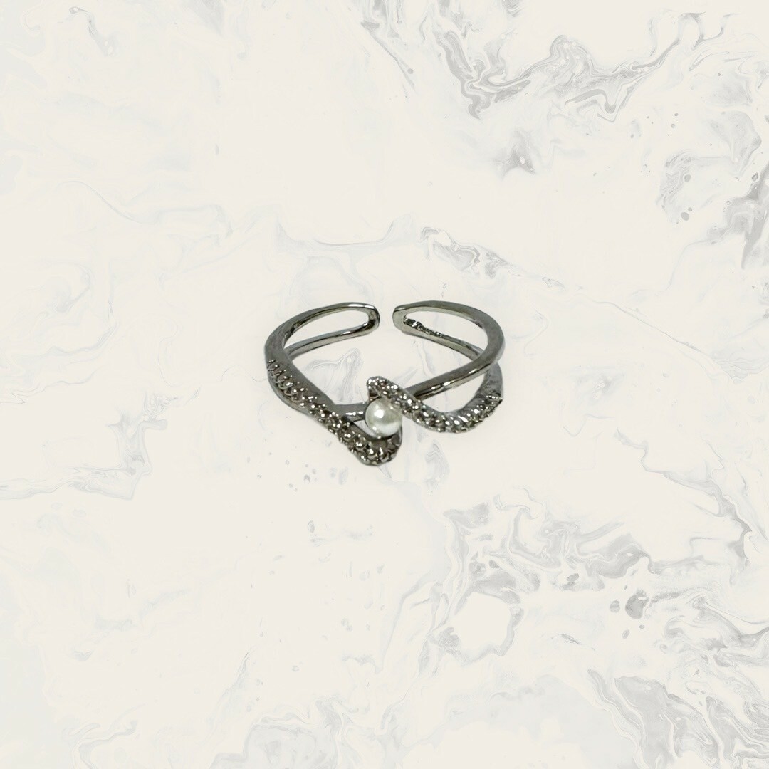 韓國直送戒指 可調式 雙線 中線鋯曲線+珍珠