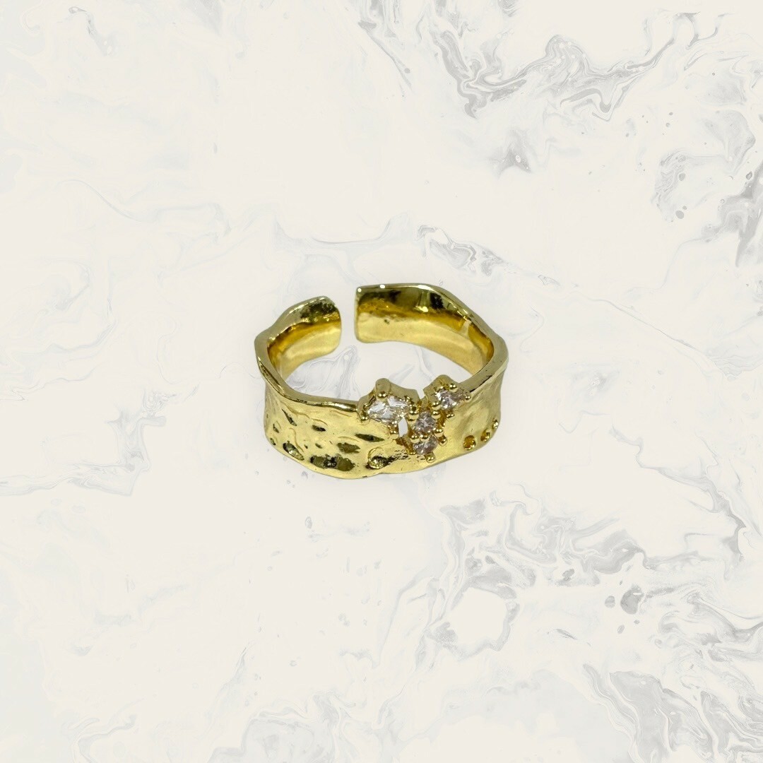 韓國直送戒指 可調式 中四小鋯寬版凹凸紋波浪圈