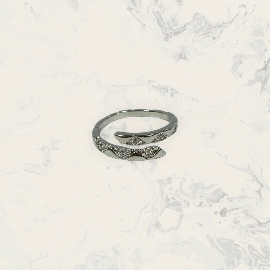 韓國直送戒指 可調式 交錯排列滿鋯+素面鋸齒刻紋 鍍白金