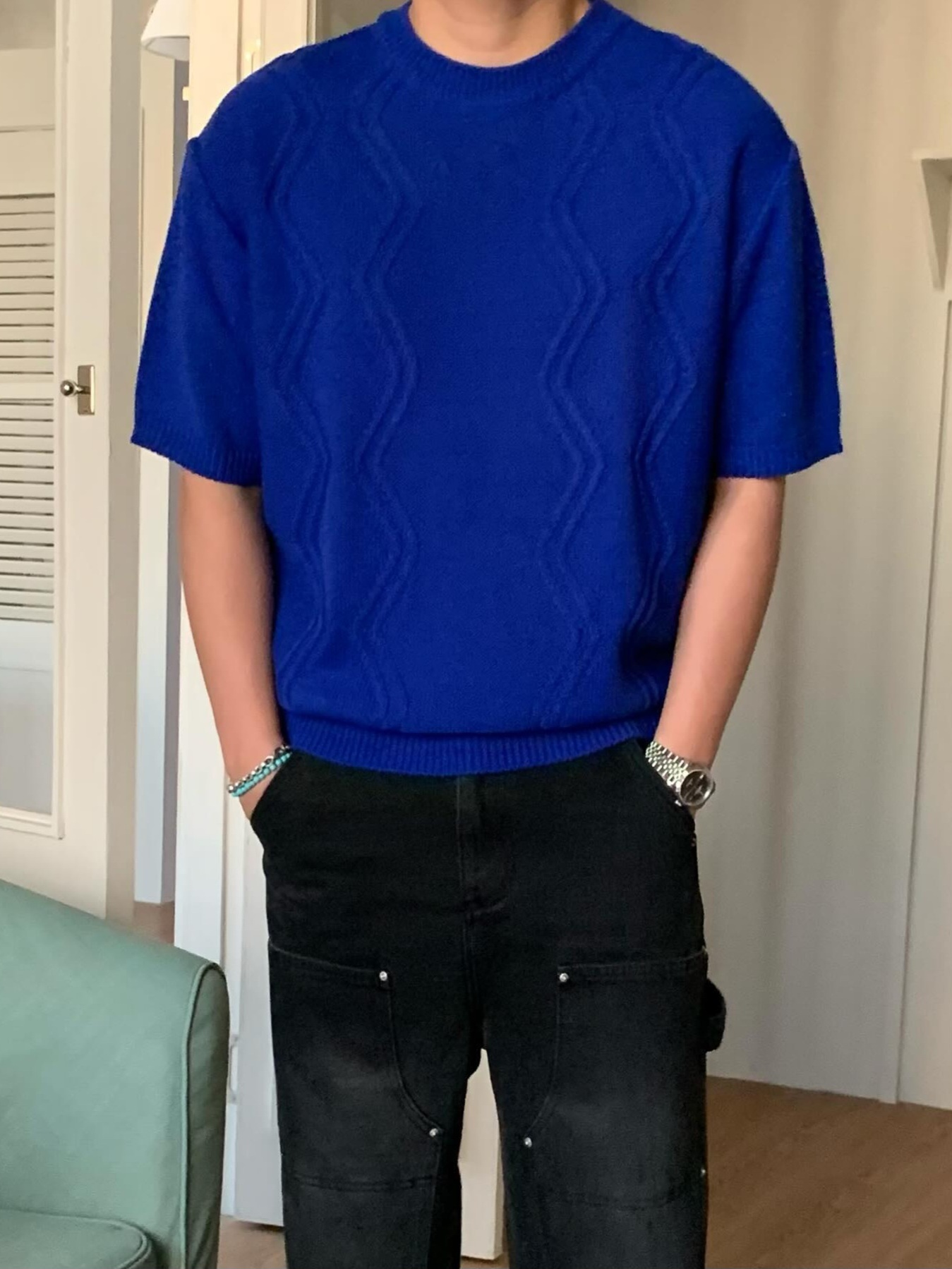 鋸齒線短袖針織衫上衣