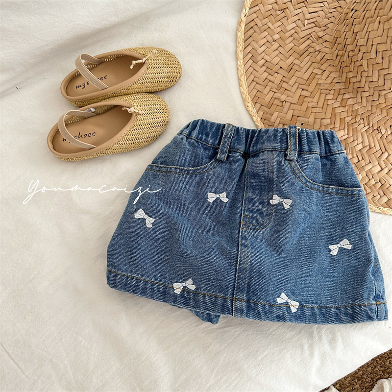 刺繡蝴蝶結牛仔褲裙