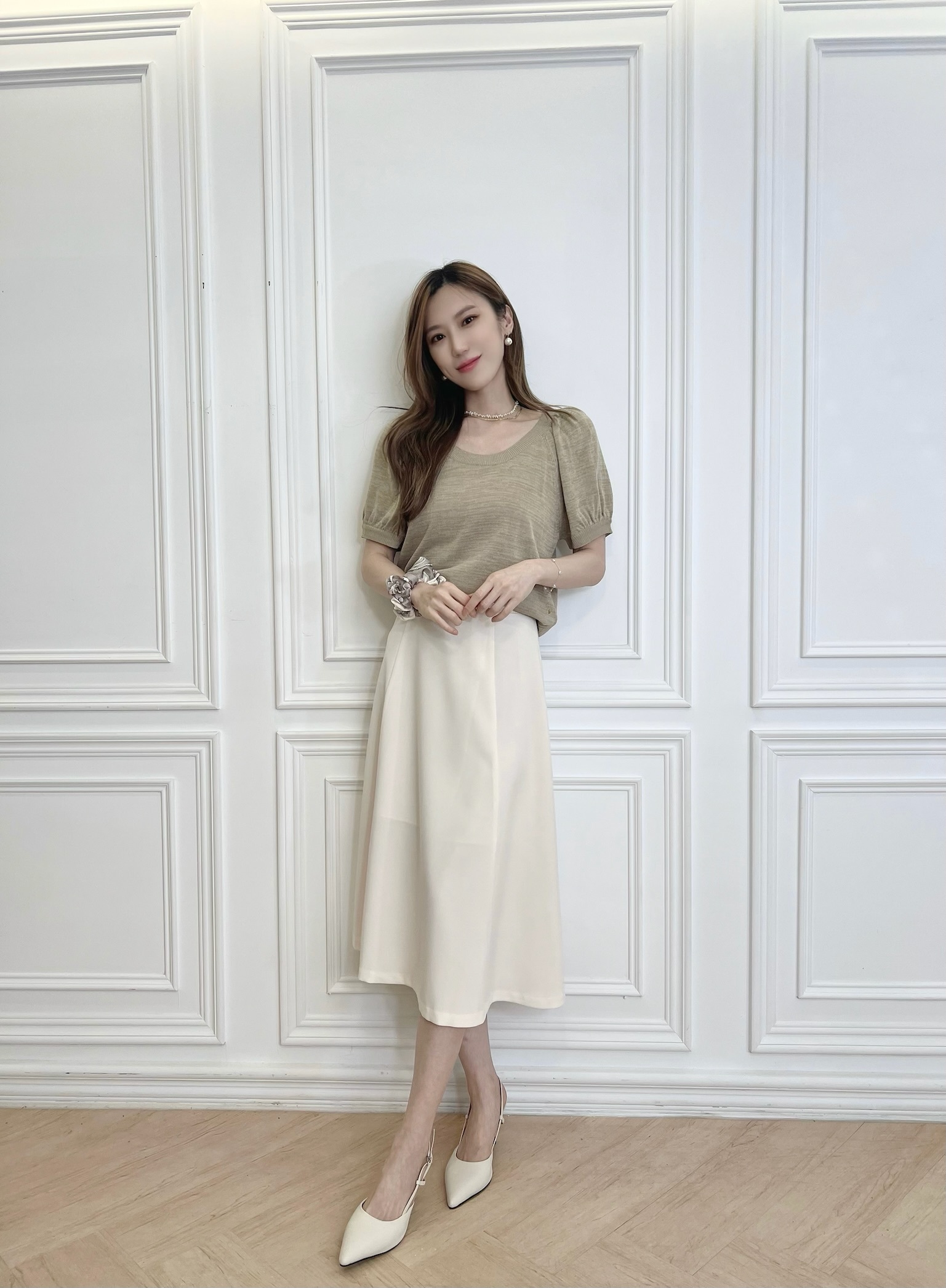 澎袖混色針織上衣