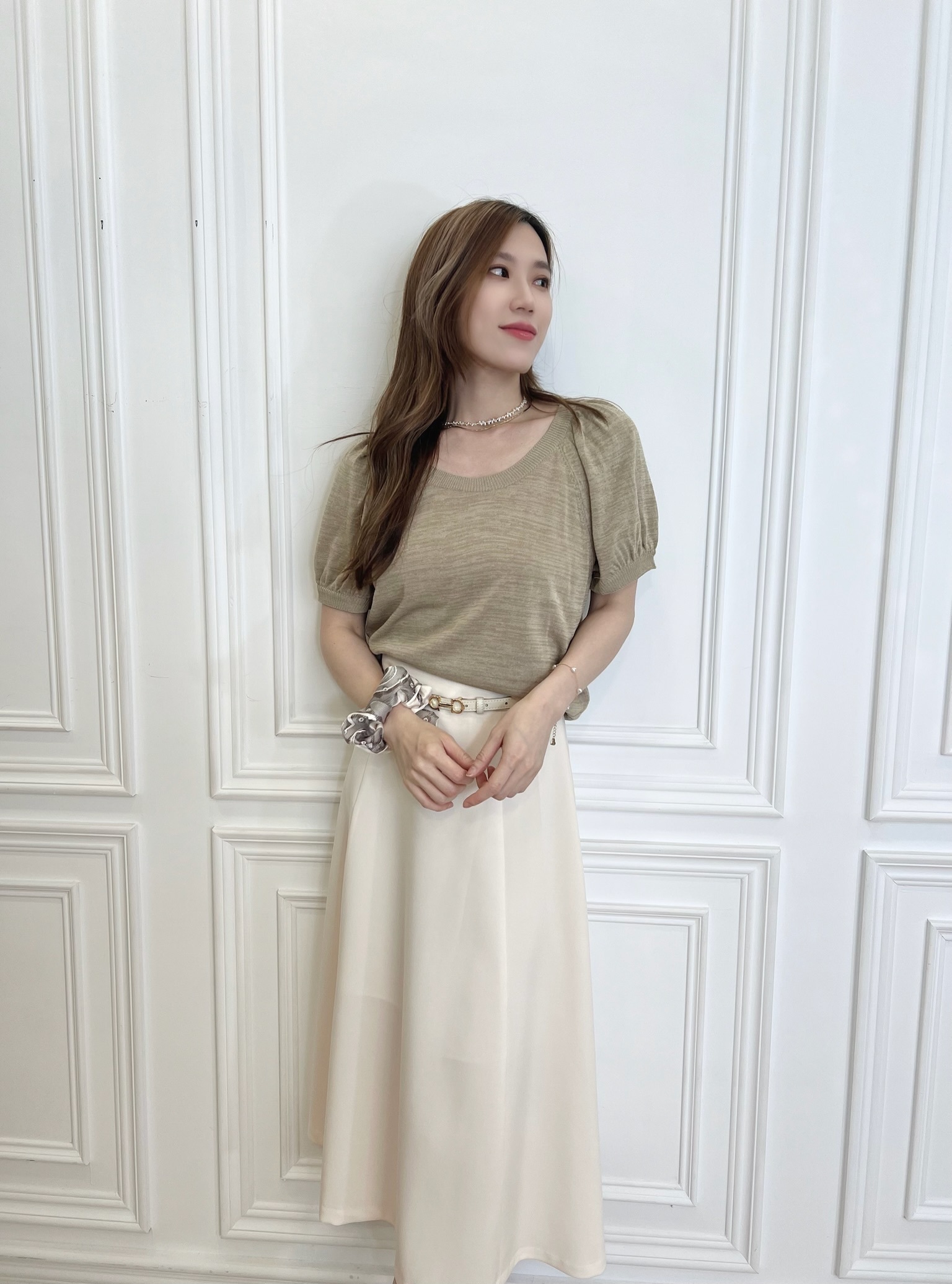 澎袖混色針織上衣