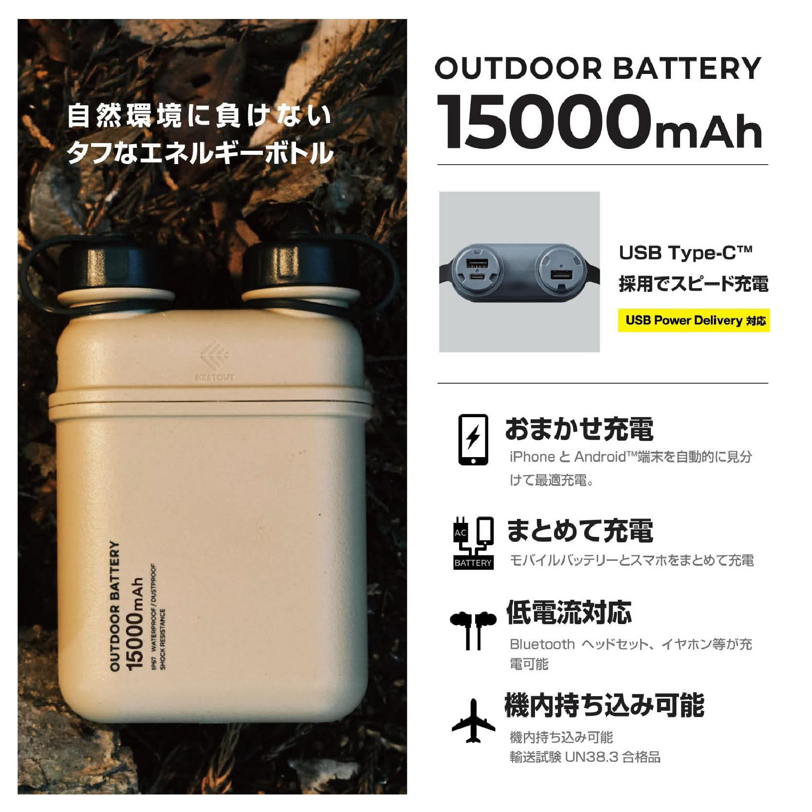 15000mAh NESTOUT OUTDOOR 軍事風移動電源 (IP67 防水防塵)(DE-NEST15000)系列