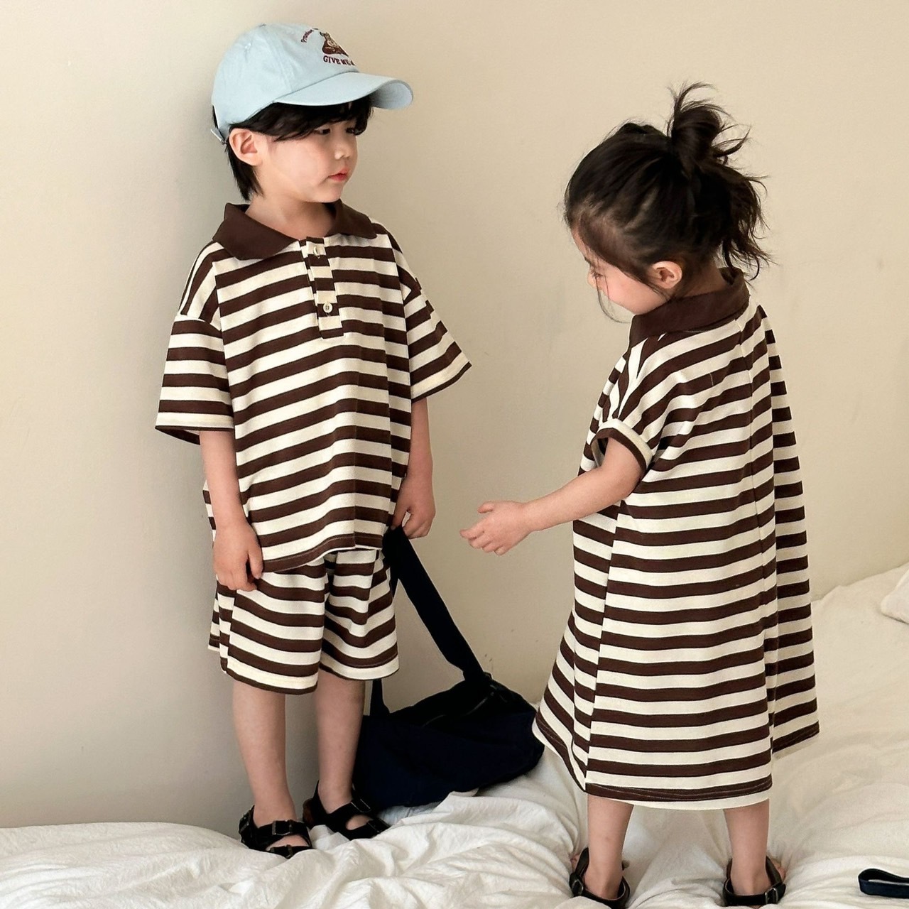 兄弟姐妹一起穿_咖色條紋洋裝/套裝