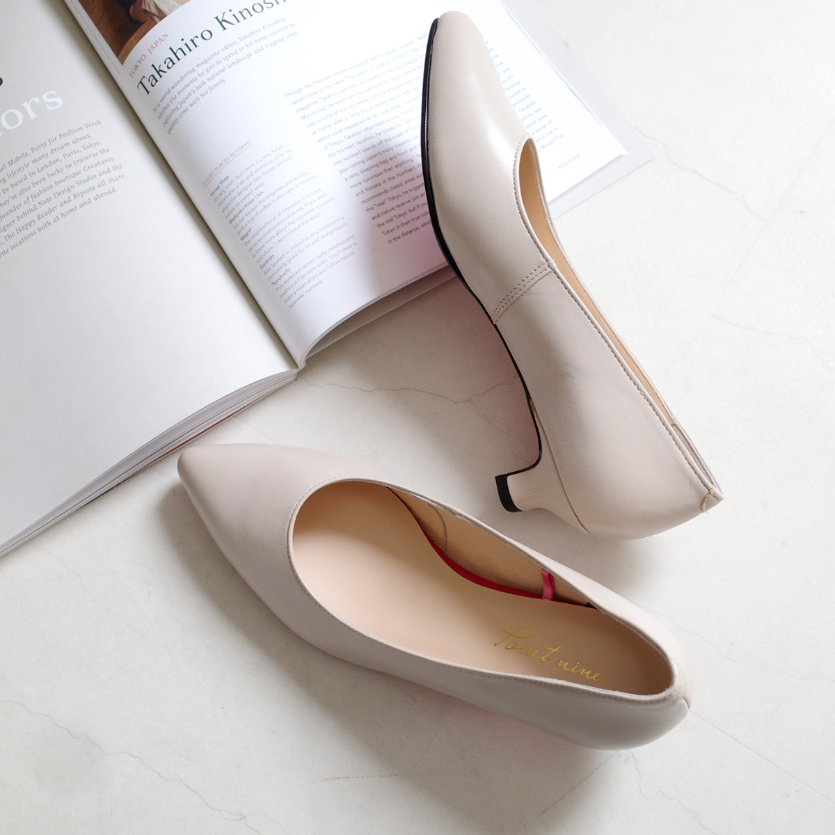 Point nine日本製真皮女用低調粉色鞋底尖頭高跟鞋3公分